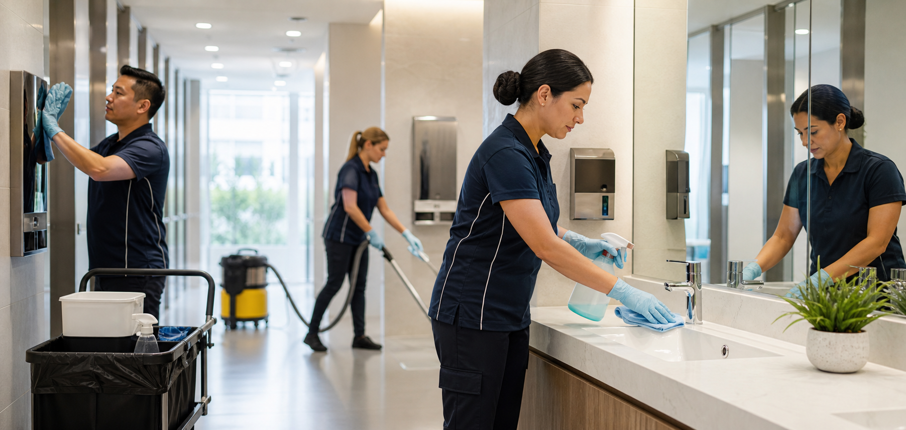 Professional cleaner maintaining a commercial amenities area
