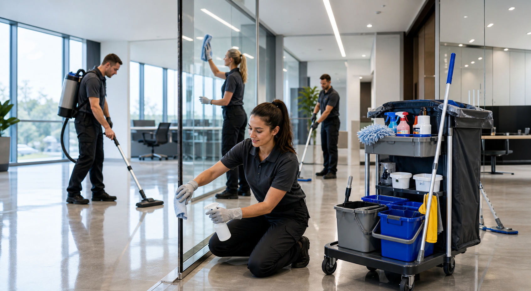 Janitorial cleaning contractors servicing a modern commercial property
