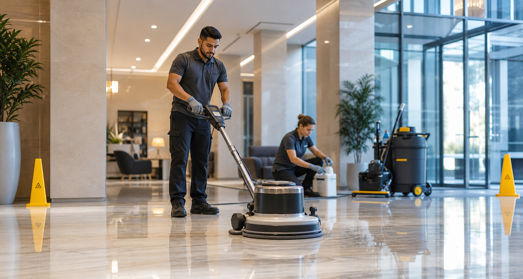 Contractor completing professional floor cleaning in a commercial facility